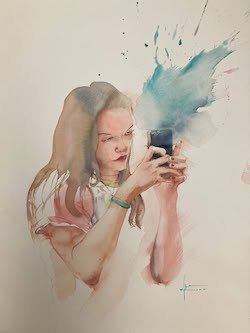 Aquarelle de Thomas Favier representant une jeune fille se prenant en selfie 
